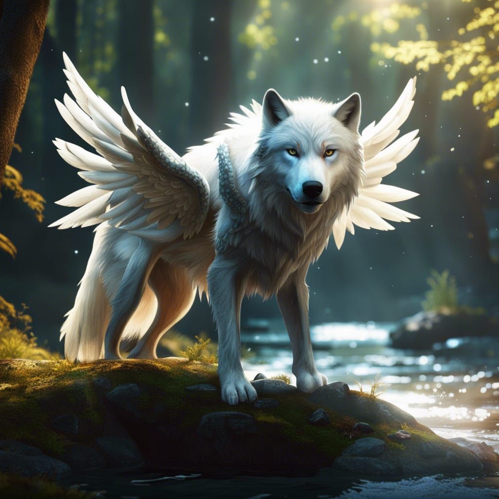 Beutiful white Wolf with wings, - AI Generated Artwork - NightCafe Creator