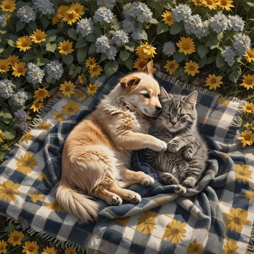 a fluffy golden retrever dog and a gray kitten sleeping toge...