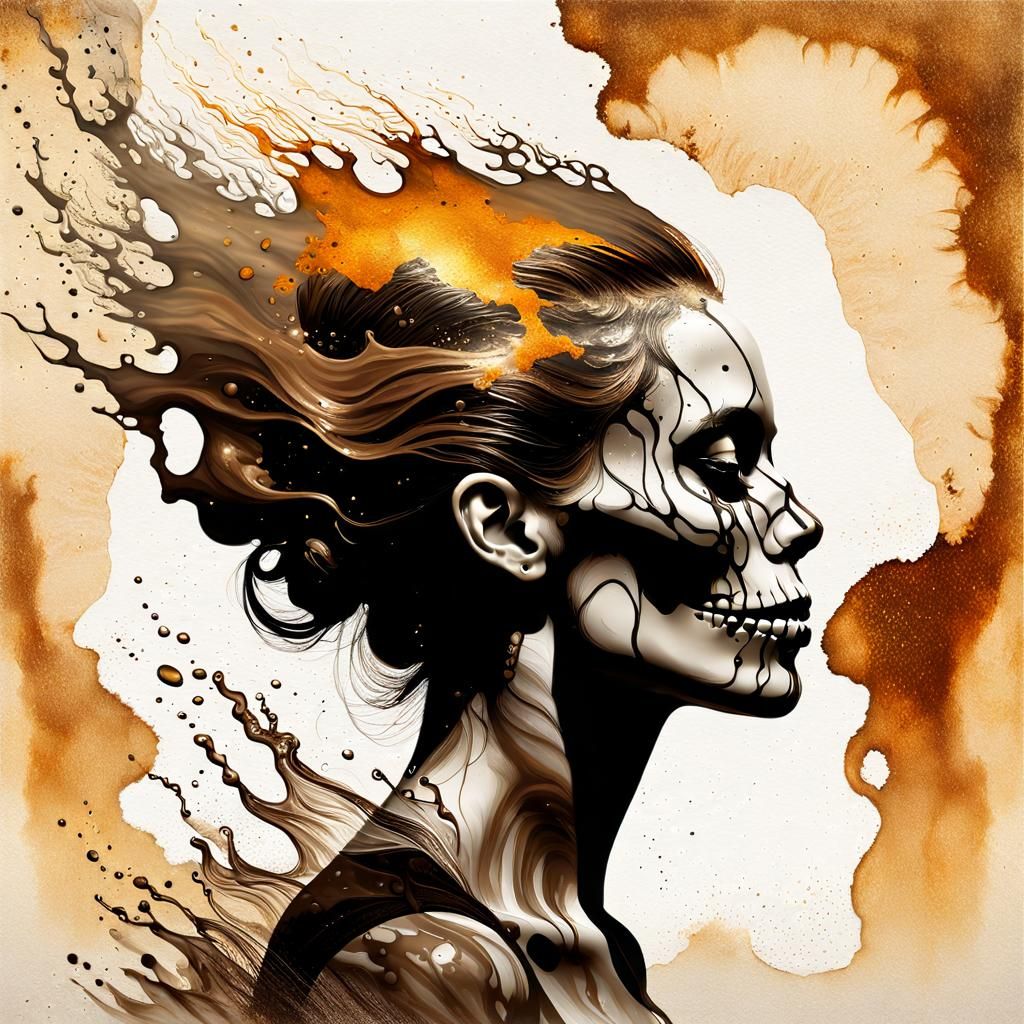 Double Exposure Skull Girl in Antique Oleographic Style