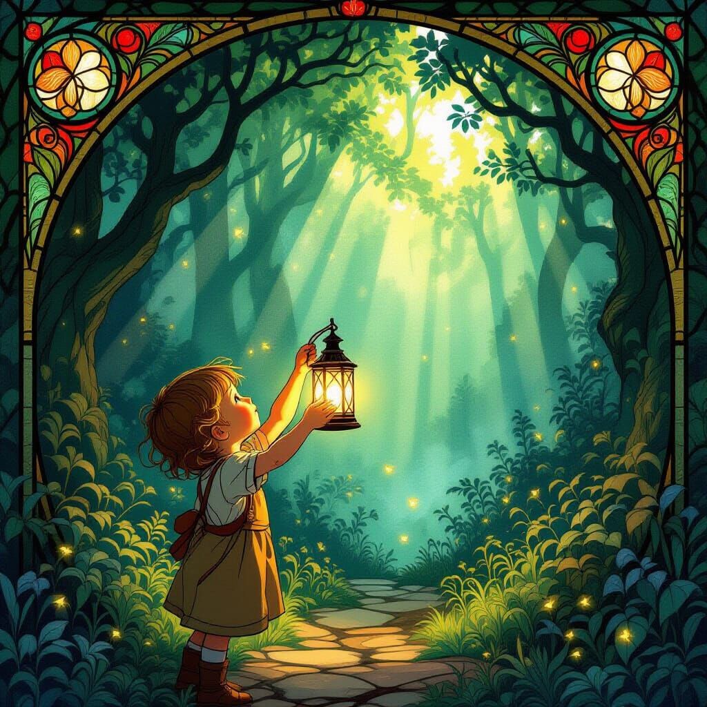 Child With Glowing Lantern in Enchanted Forest
