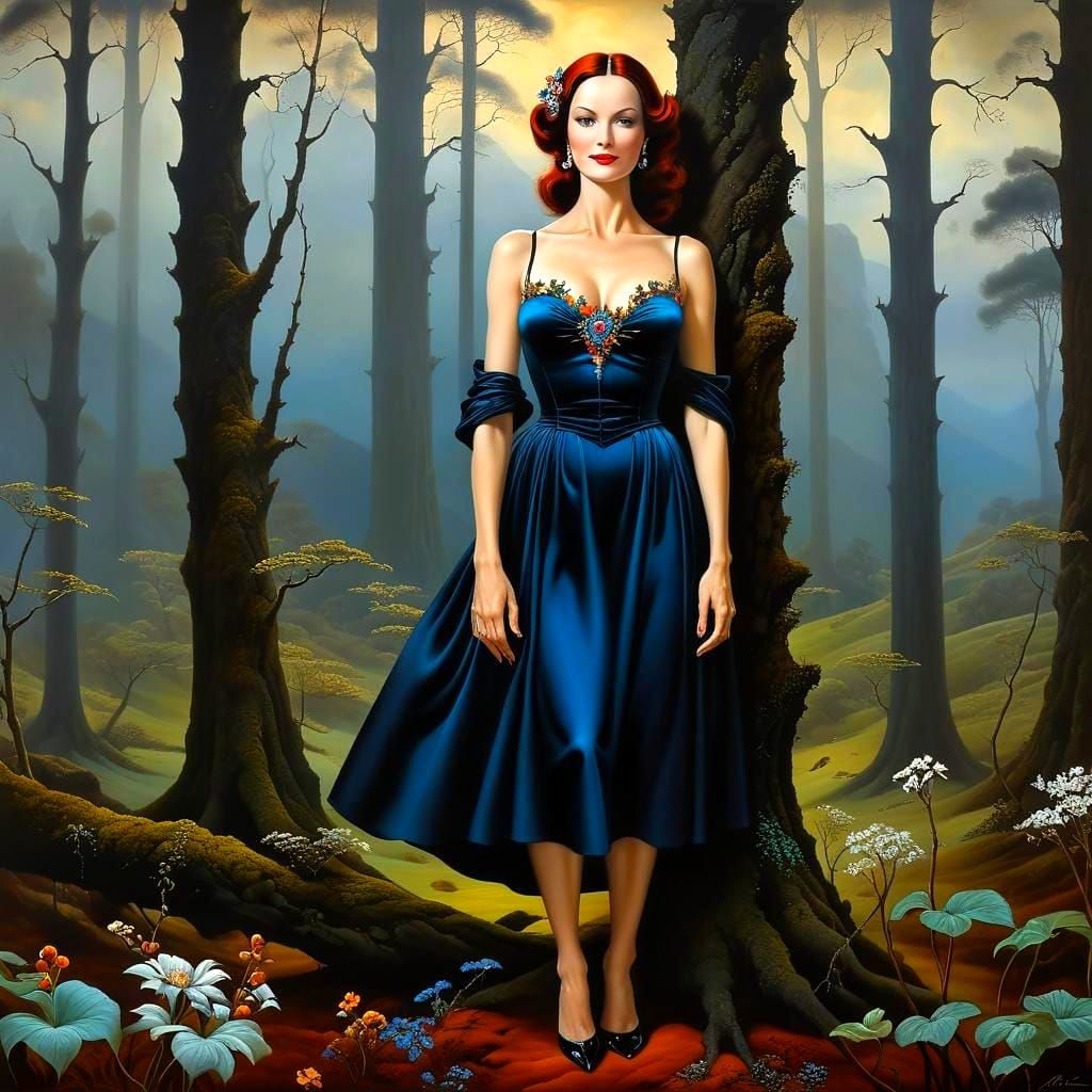 Happy 1960s Woman in Surreal Landscape