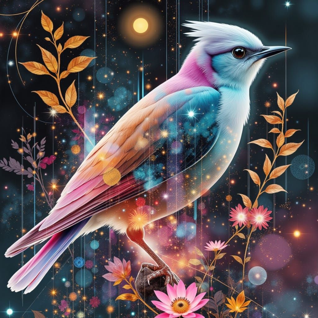 Vibrant Vaporwave Bird Collage with Double Exposure Effect