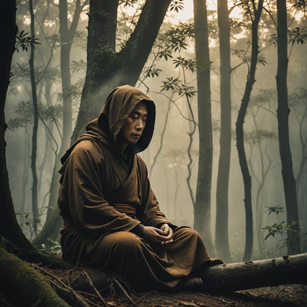 Mysterious Monk Meditating in Misty Forest