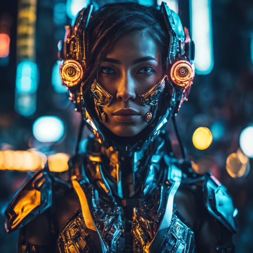 Portrait of a cyborg girl wearing futuristic face armor in a neon city ...