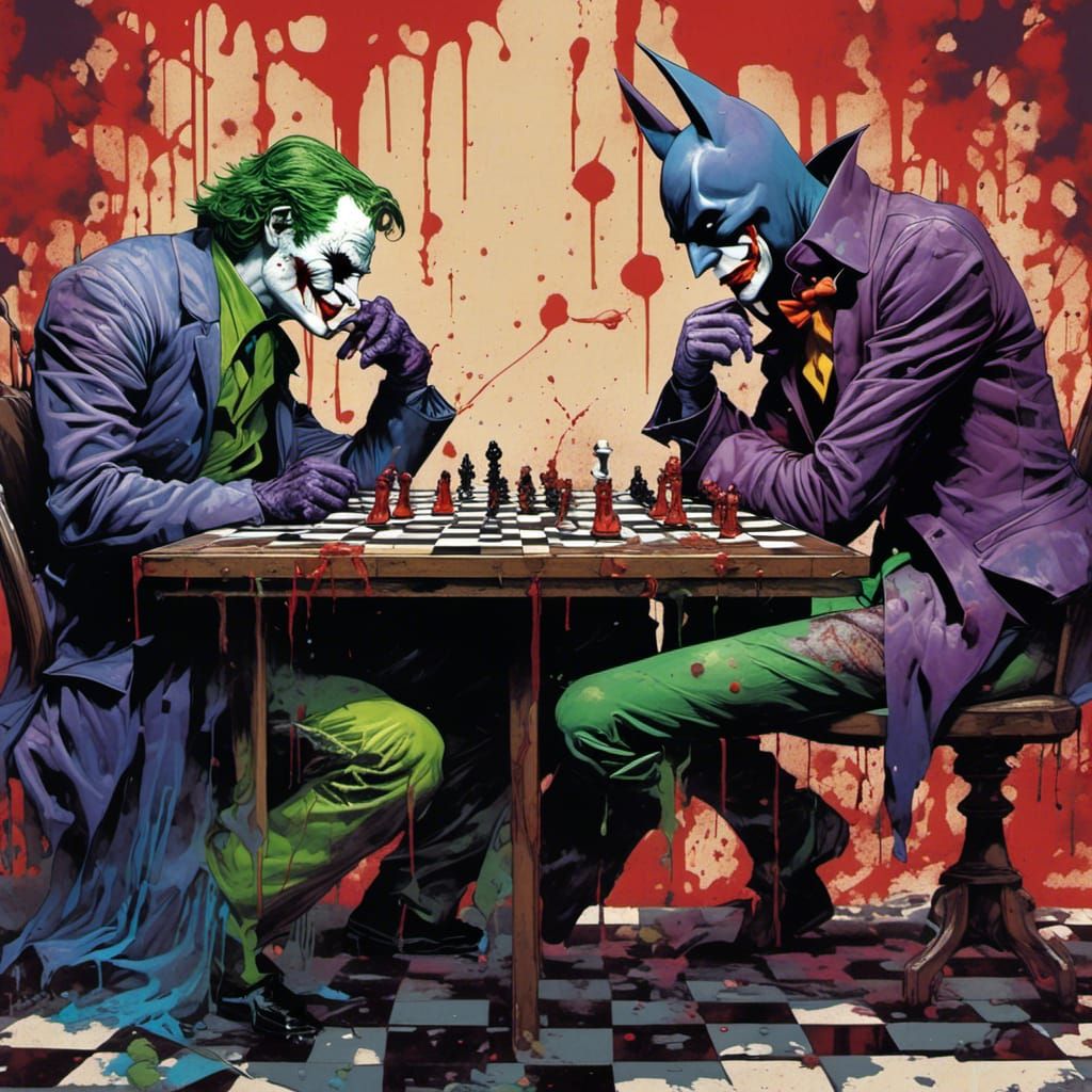 <lora:Splatter Graffiti:1.0> Batman and the Joker sitting ac...