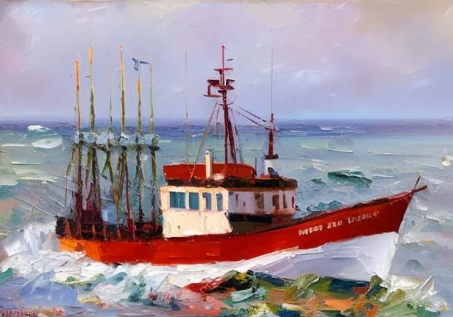 Trawler in Heavy Weather, palette-knife, neo-impressionism expressionist style oil painting, smooth post-impressionist impasto acrylic paint...