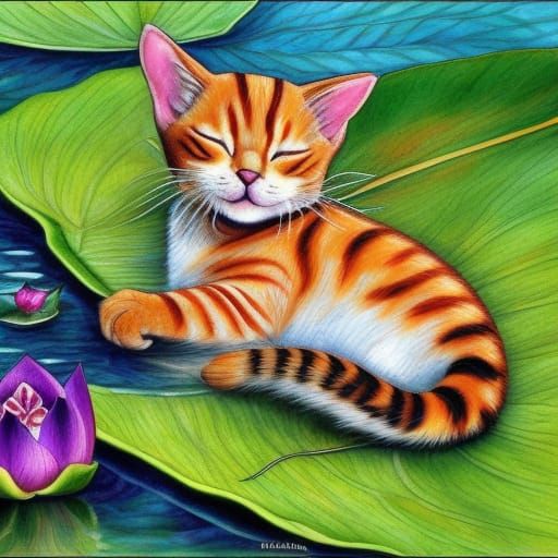 cute cat sleeping on lotus leaf floating on water, Lily Seik...