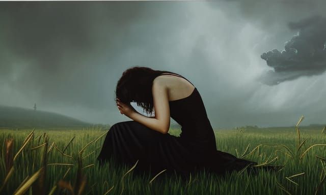 Grief-Stricken Woman in Graveyard Oil Painting
