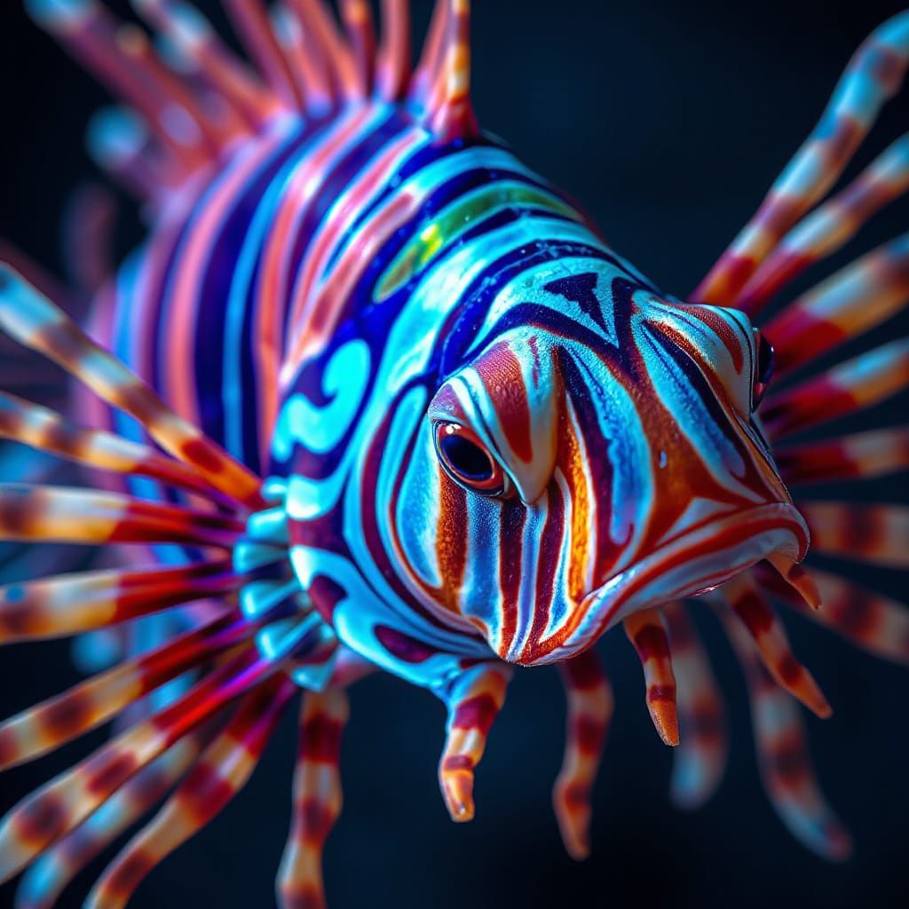a dynamic, Extreme macro close-up shot of the stripes on a stunning lionfish  by @BoratsChestHair