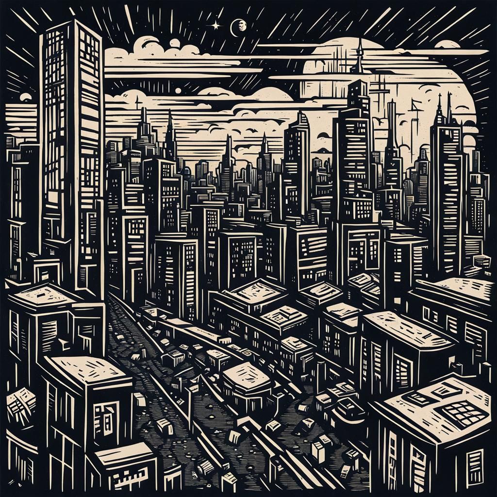 dystopian city made in linocut style