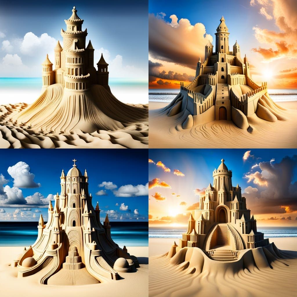 apotheosis of a sand castle on the beach with waves, centered composition, intricate, highly detailed, filigree, photo-q...