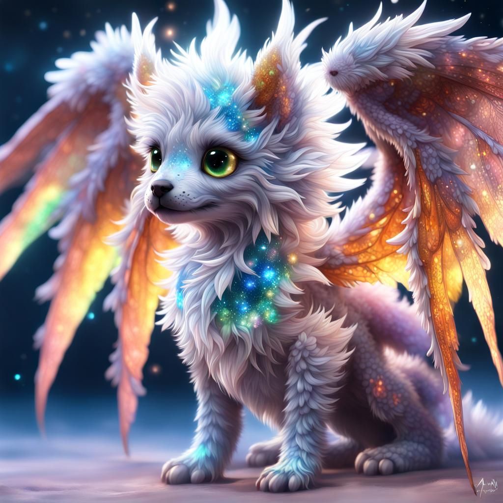 Adorable Winged Puppy Dragon with Iridescent Stars, Anime Ar...