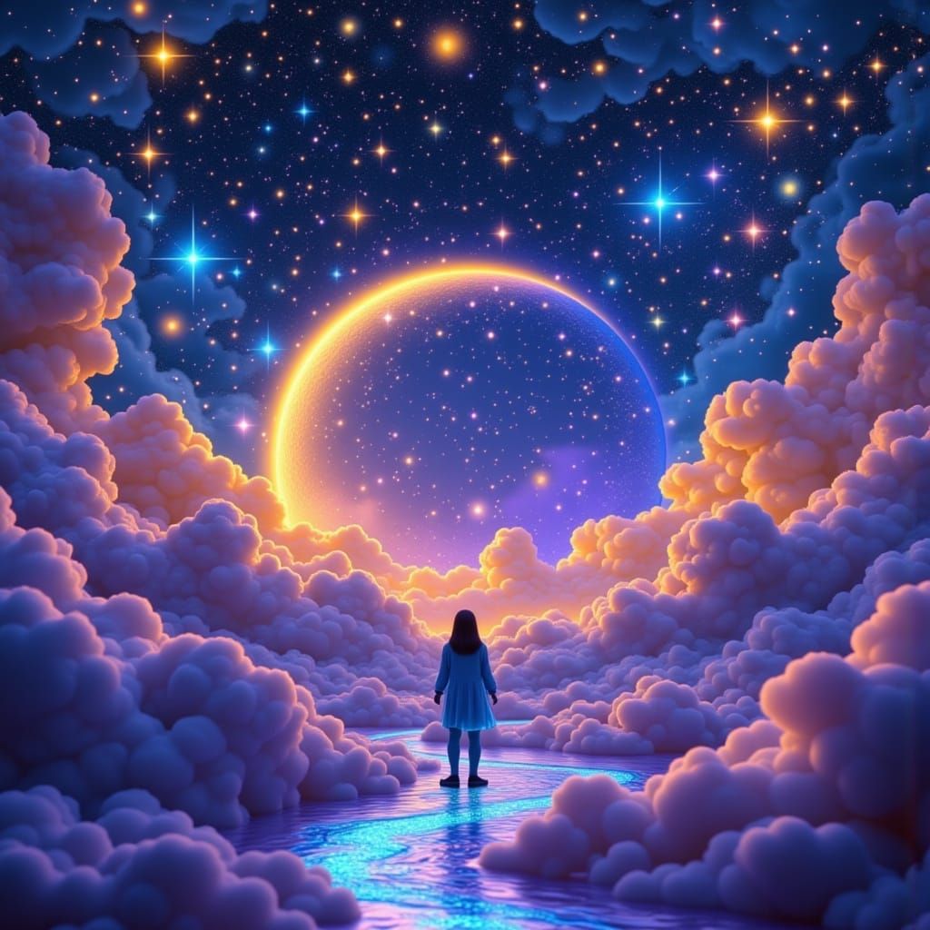 <lora:Dramarama:1.3>  psychedelic realm, where one side transitions seamlessly into a glowing alien planet, with holographic, super-fluffy c...