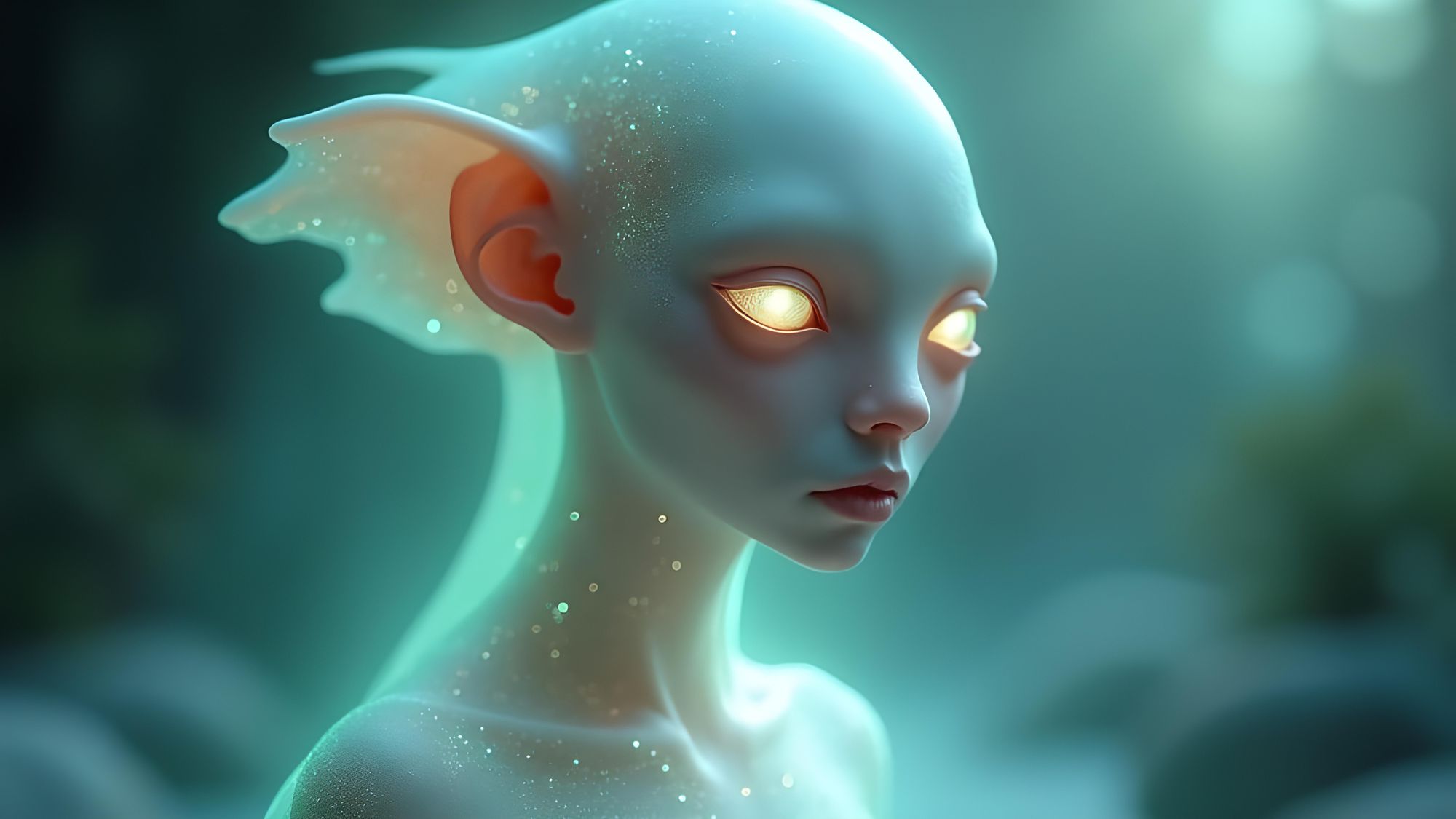 The alien turns, their glowing form silhouetted against the fading light. 