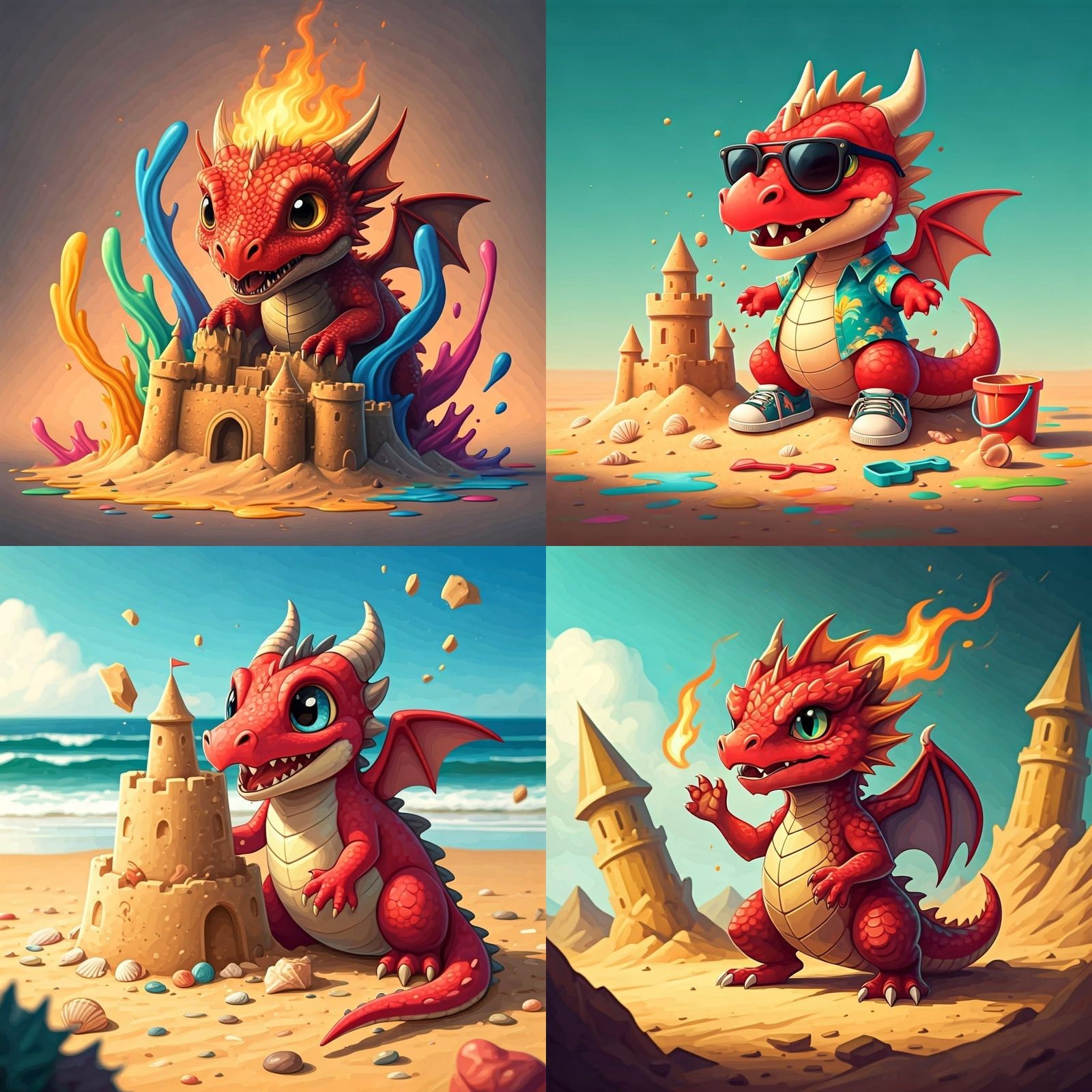 Fierce and chibi red dragon destroying a sand castle. Pastels graffiti