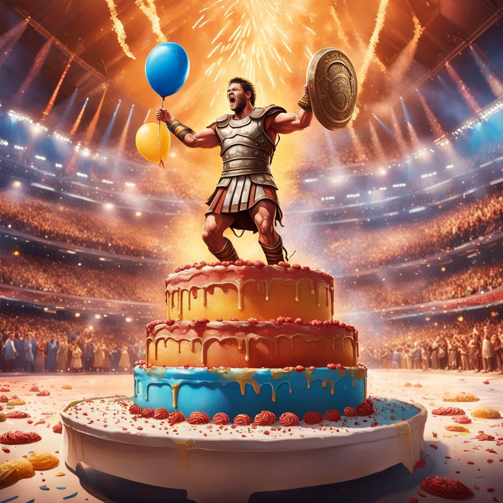 A roman gladiator springing out of a giant birthday cake in ...