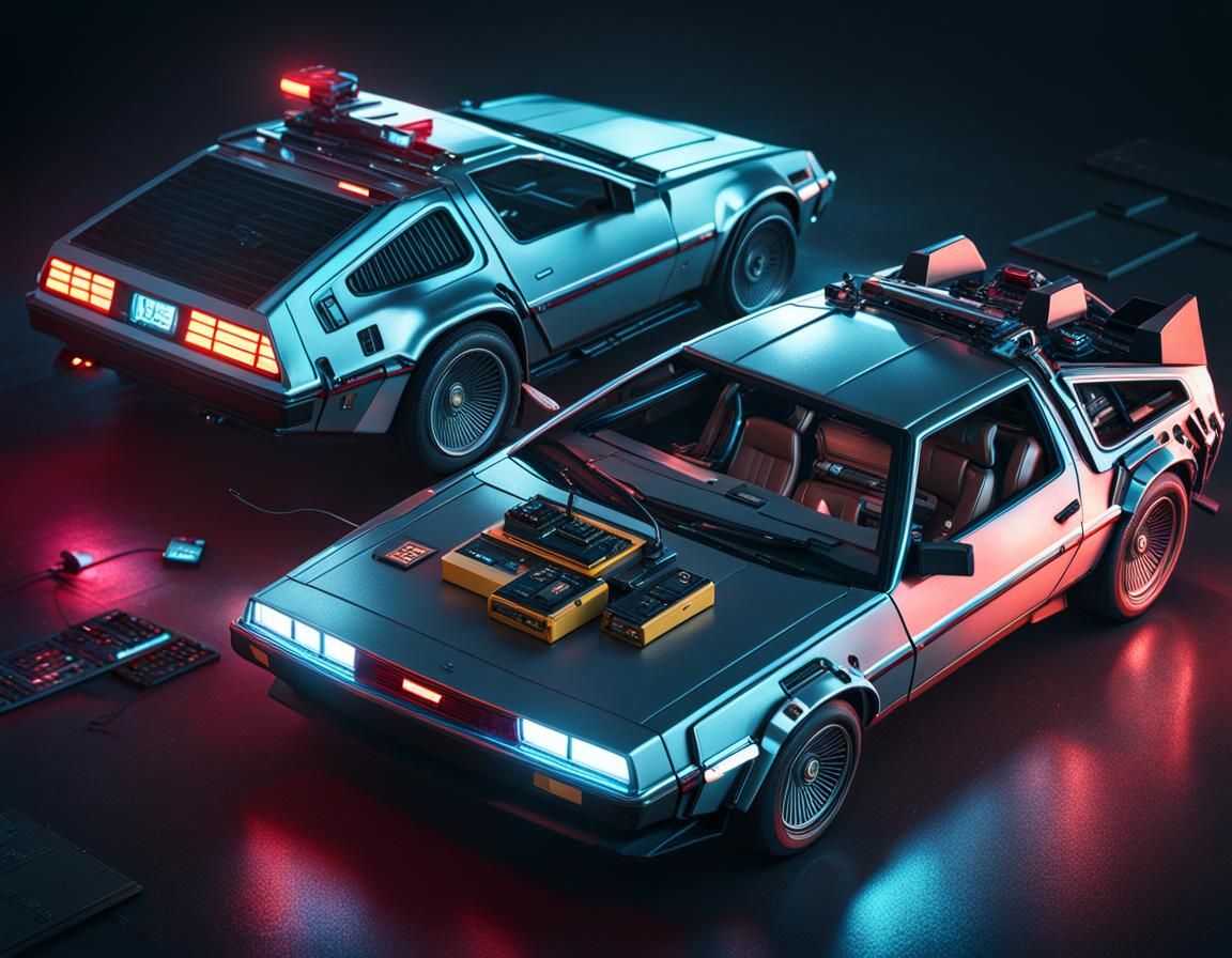 3d render, high angle view, cyberpunk marty mcfly, hyperreal...