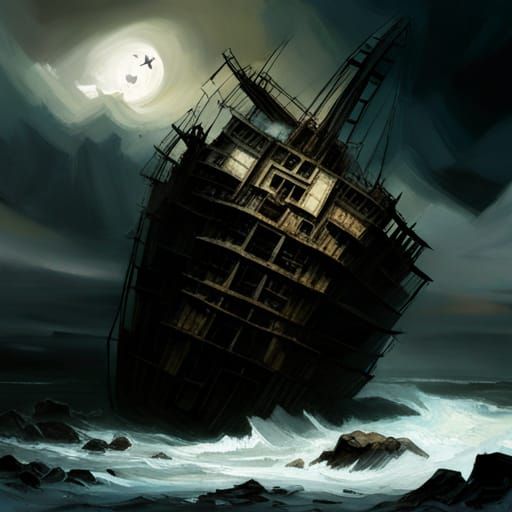 "centered shot of ghost ship shipwreck and ghosts! beautiful clouds!!, massive human skull rock!!!", intricate and highl...