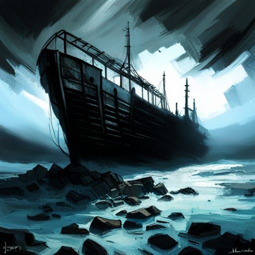 "centered shot of ghost ship shipwreck and ghosts! beautiful...