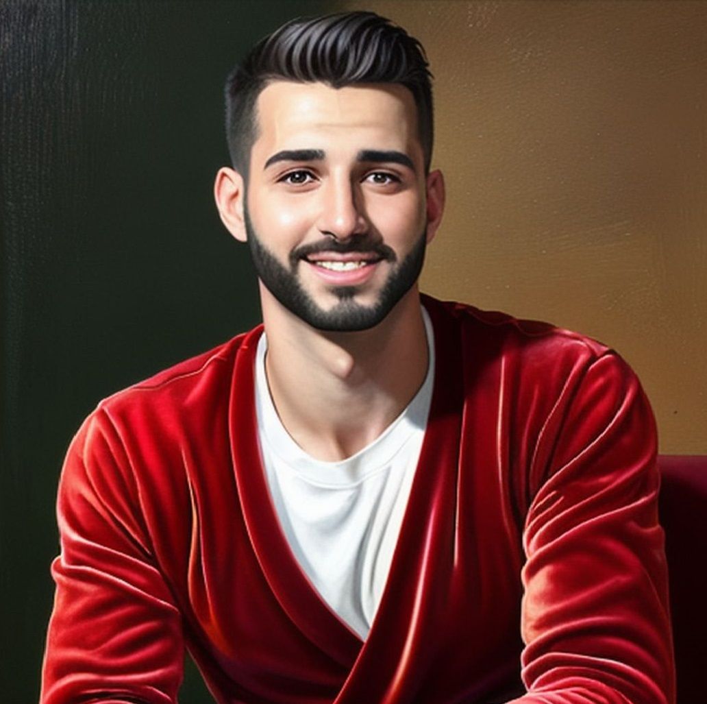 A handsome bearded man   wearing a red velours  bathrobe