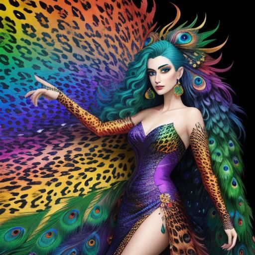Beautiful woman colourful rainbow dragon scales. Peacock hai...