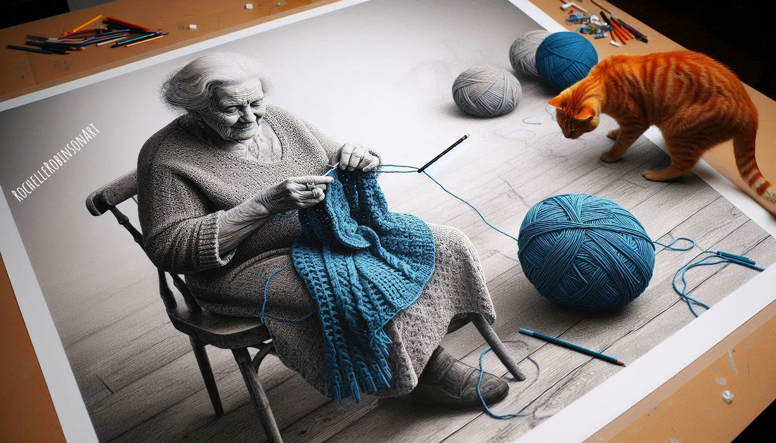Grandma Knitting With Her Cat
