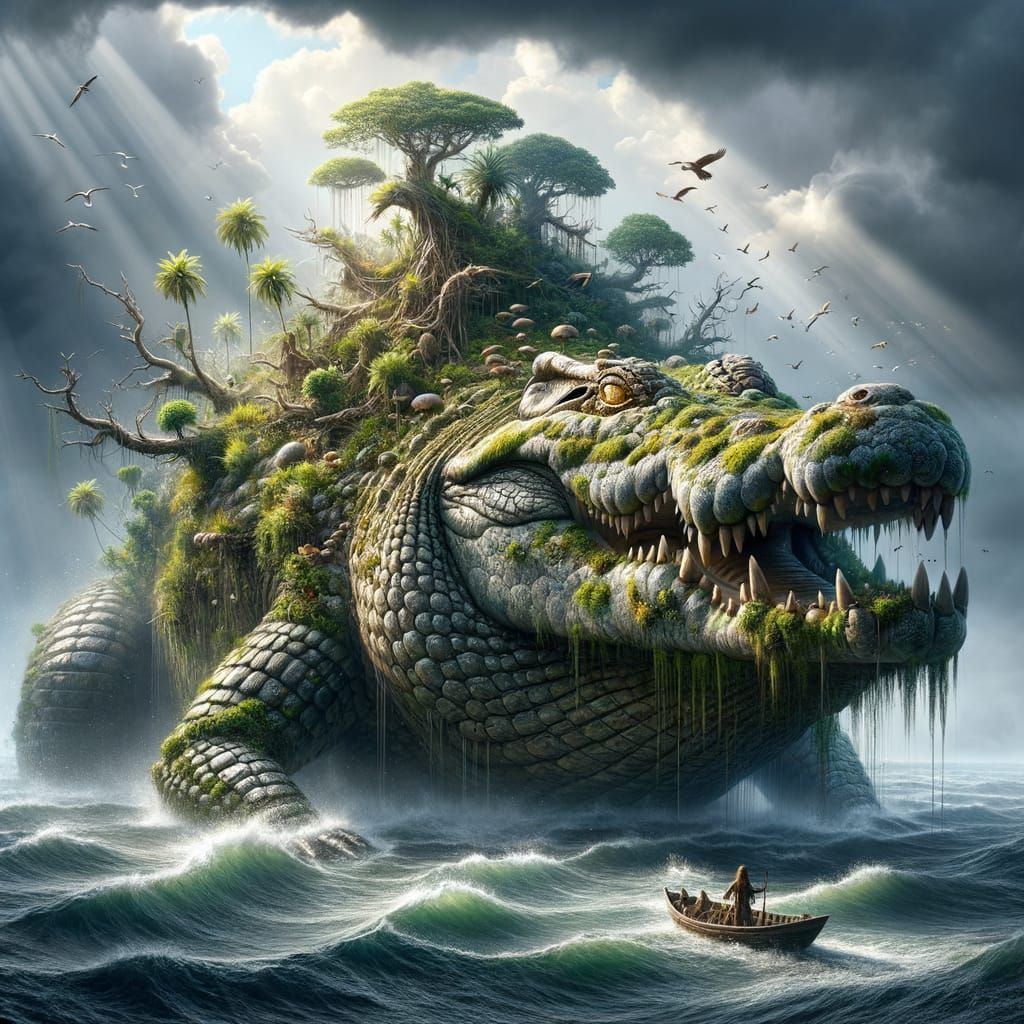 A colossal ancient crocodile emerges from the misty ocean, its immense, scaly back stretching hundreds of meters across the waves, overgrown...
