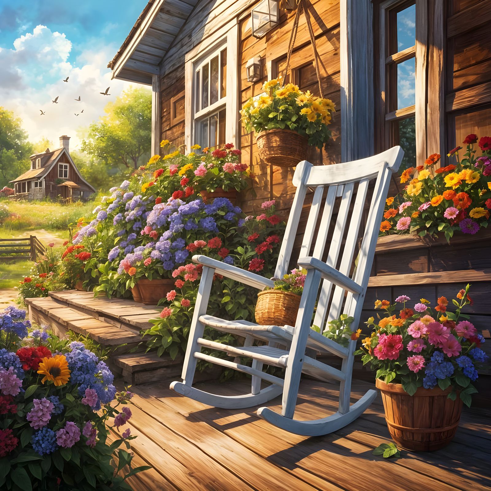 A rockingchair on a large wooden porch, hanging baskets with bright coloured flowers, house in the middle ...  by @Irene