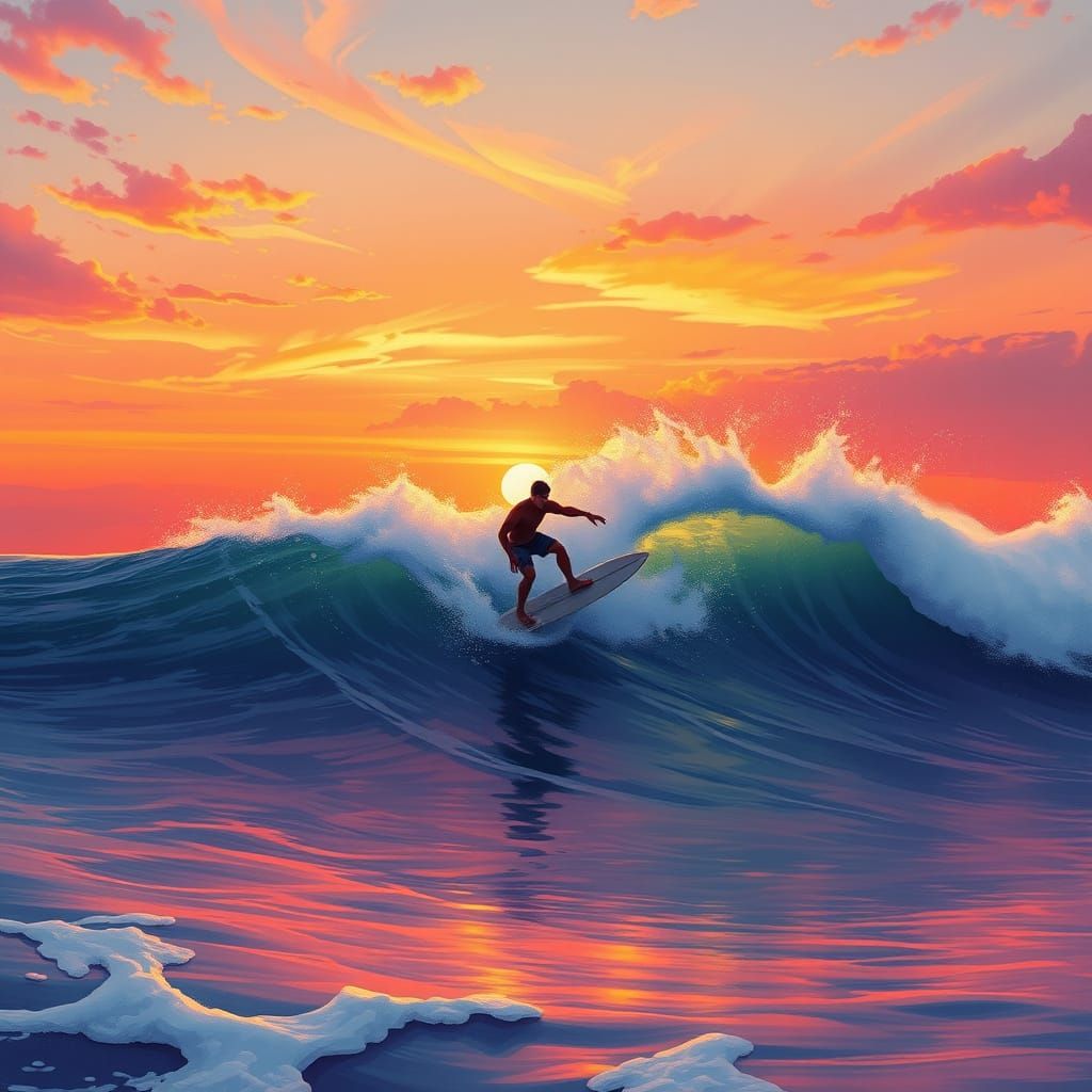 Peaceful Sunset Waves in Whimsical Artistic Style