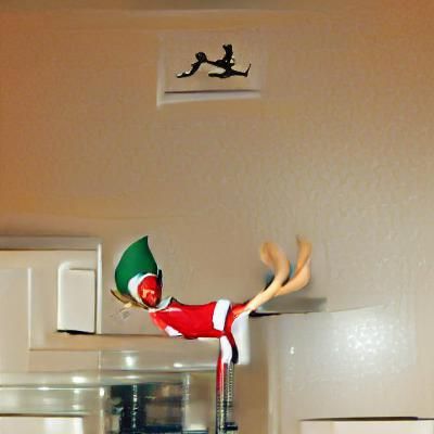 The elf jumped off the shelf