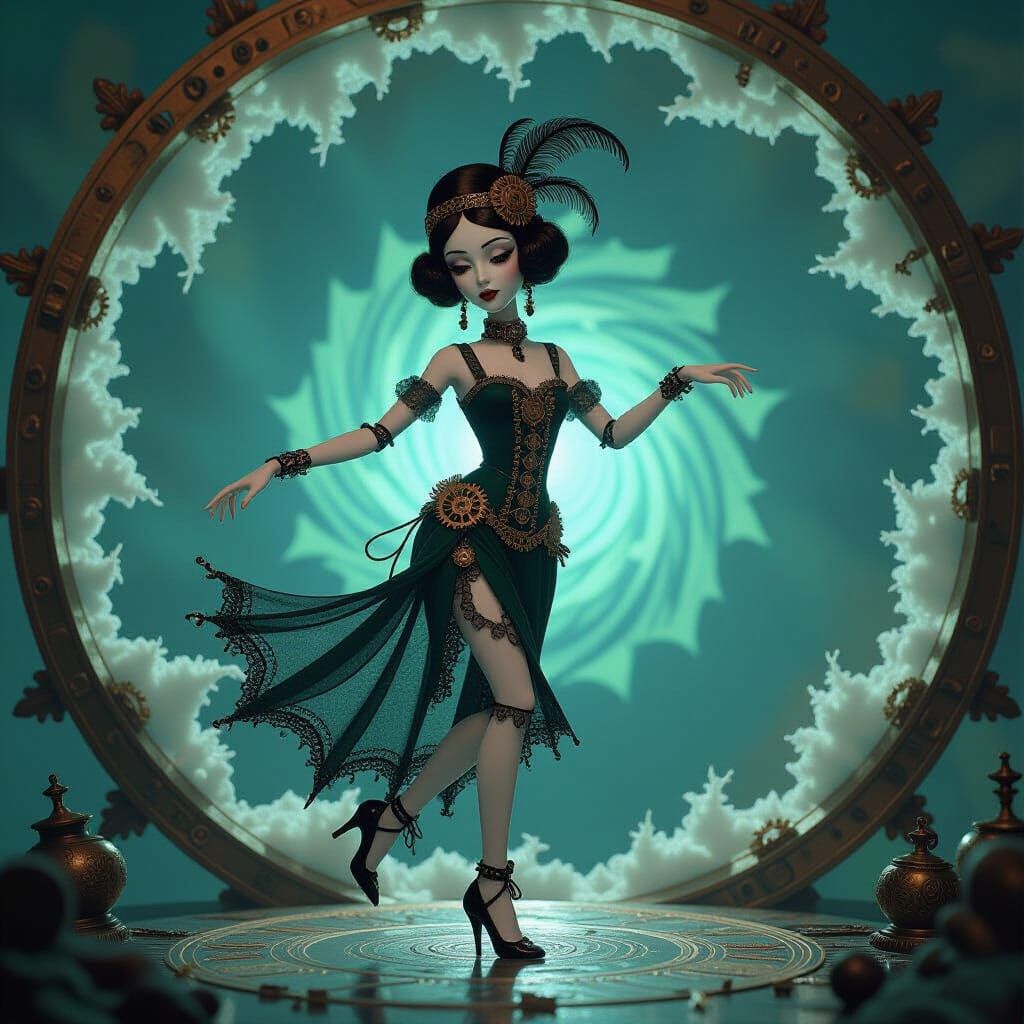 A gothic marionette with porcelain skin and delicate features, adorned in a vintage flapper dress and intricate clockwork gears, dances grac...
