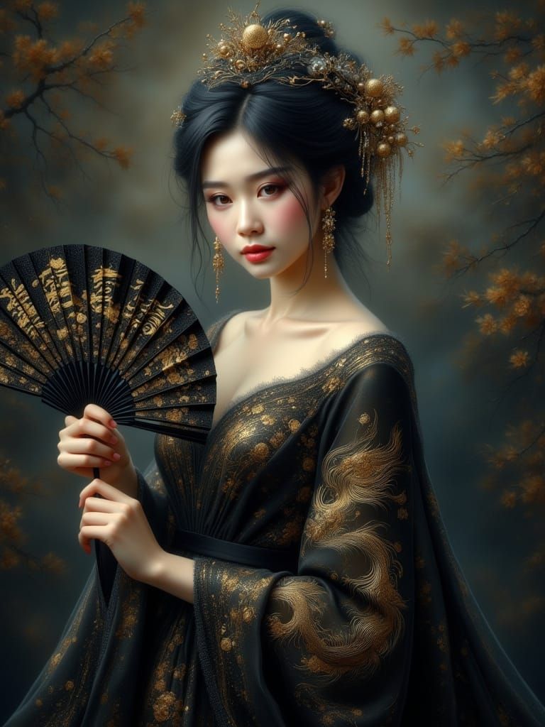 <lora:Flux Oil and Glory:1.0> Surreal fantasy with a mystical, ethereal atmosphere. An oriental beauty stands poised, wearing a long, flowin...