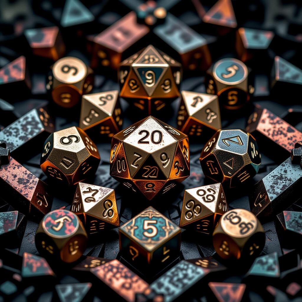 A kaleidoscope of polyhedral dice made from multiple different types of colored metals arranged in interesting ...  by @Bwomack