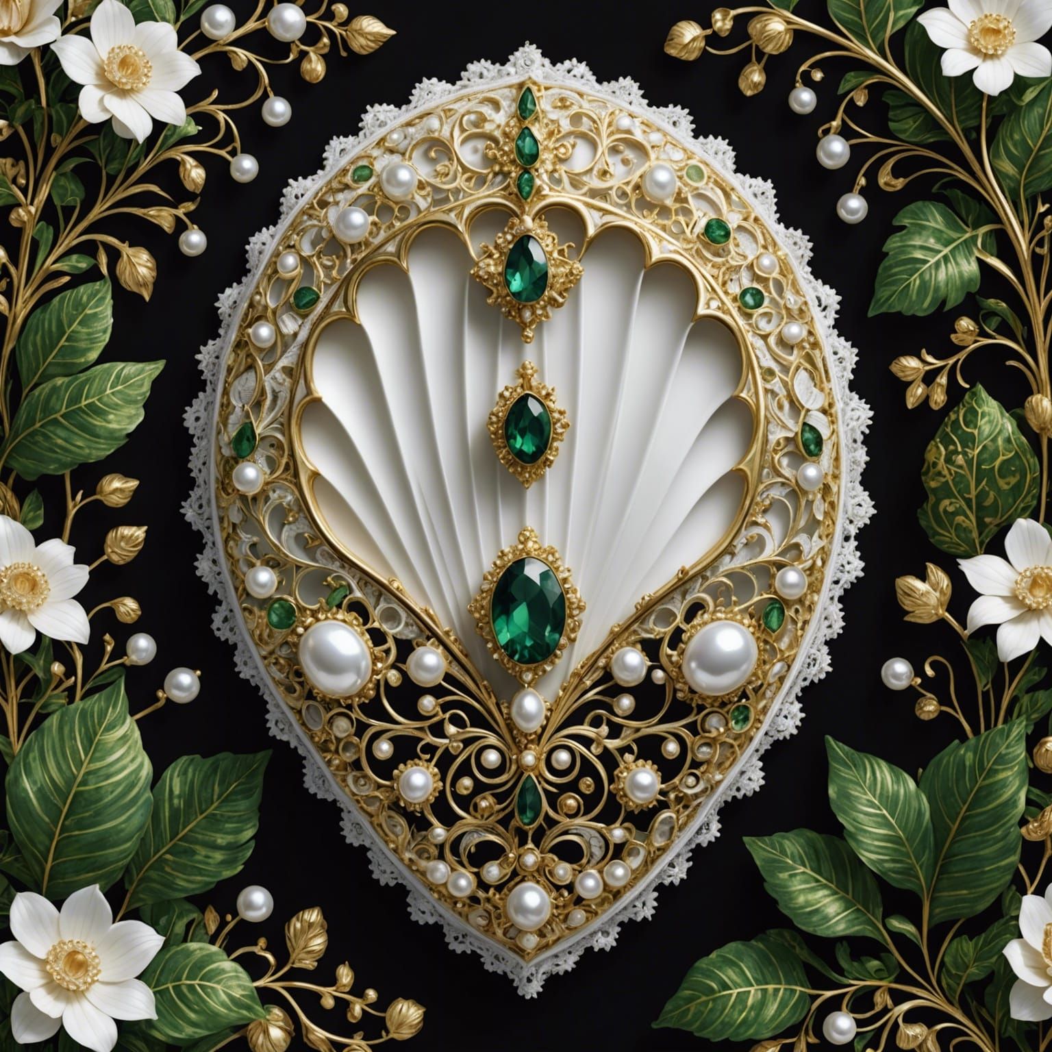 photorealism, white lace shell with pearls inside, large key...