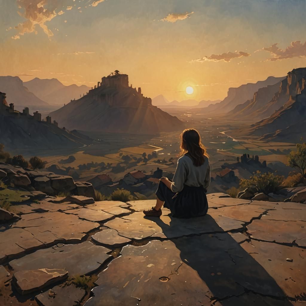 A shadow of a girl sitting and looking at the sun setting de...