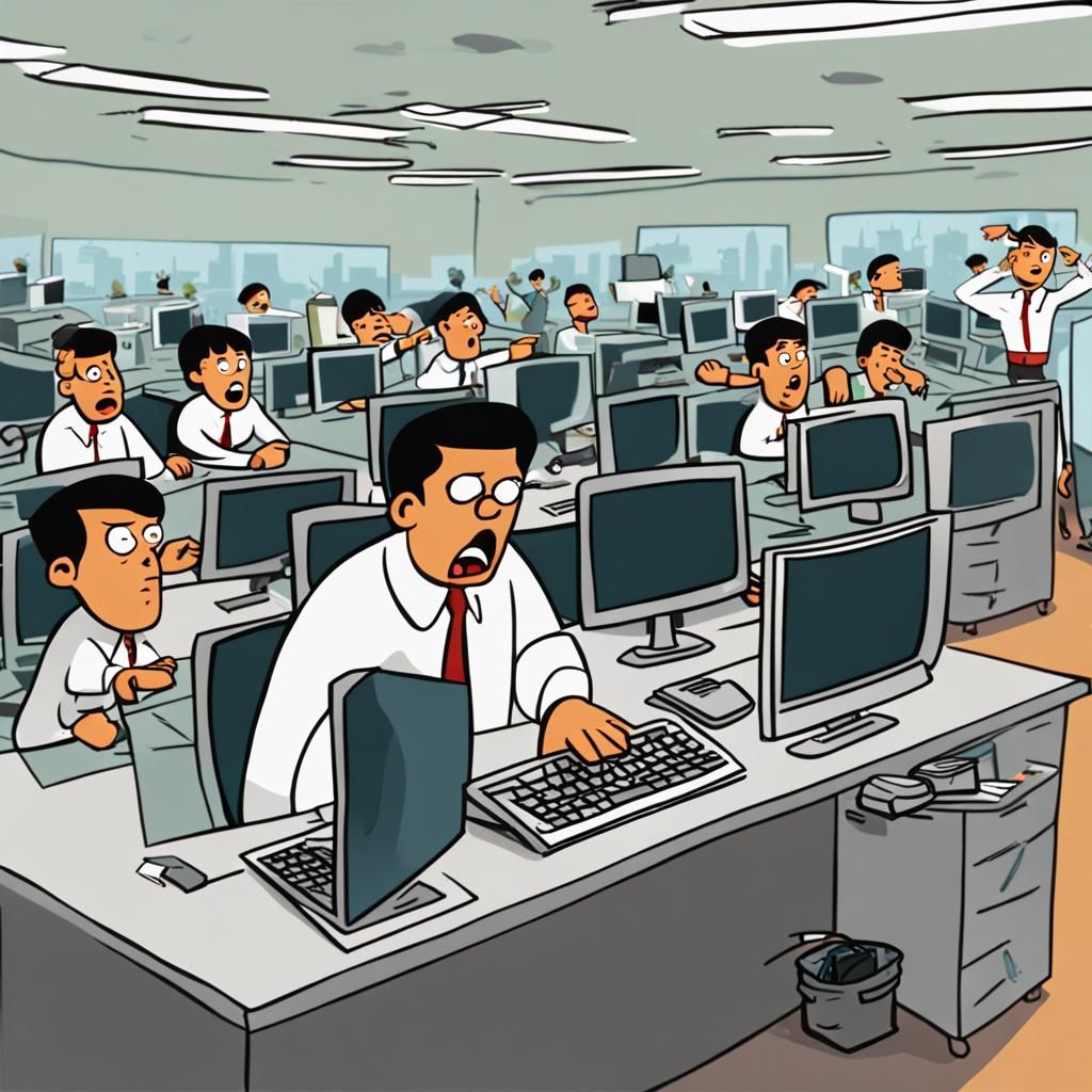 make a cartoon where the boss is shocked while standing in f...