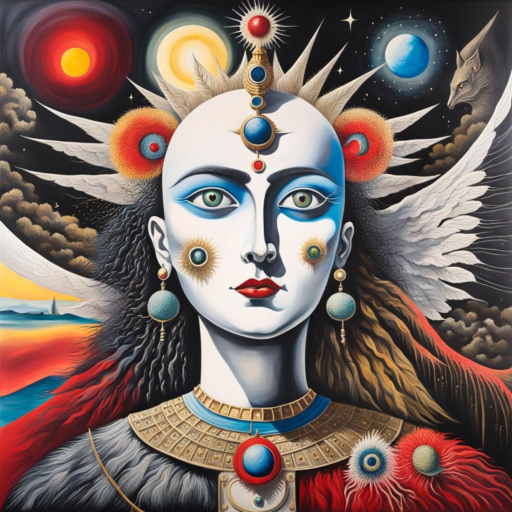 Winged fairies   in a Million Dandelion dreamscape,  making wishes , Salvador Dali collaboration Paul Klee and Tim Burton, Picasso's integr...