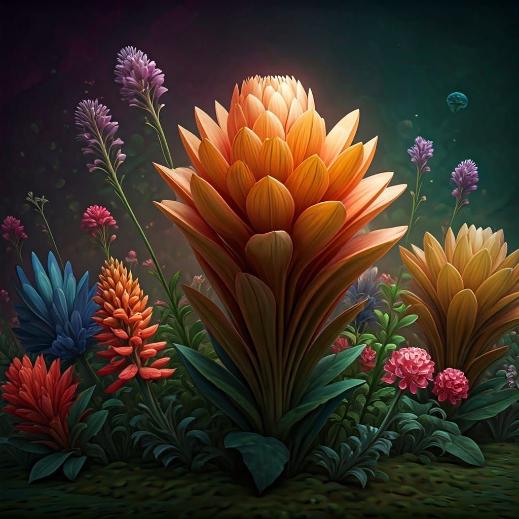 Vibrant Fantastical Flowers in a Whimsical Dreamlike Landsca...