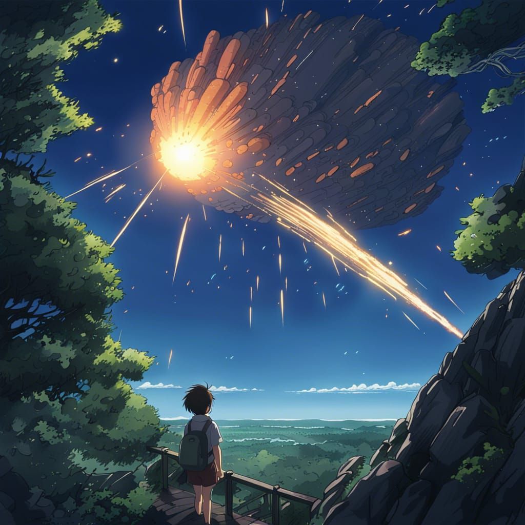 meteor falling onto earth Studio Ghibli, Anime Key Visual, by Makoto  Shinkai, Deep Color, Intricate, 8k resolution concept art, Natural Ligh  - AI Generated Artwork - NightCafe Creator