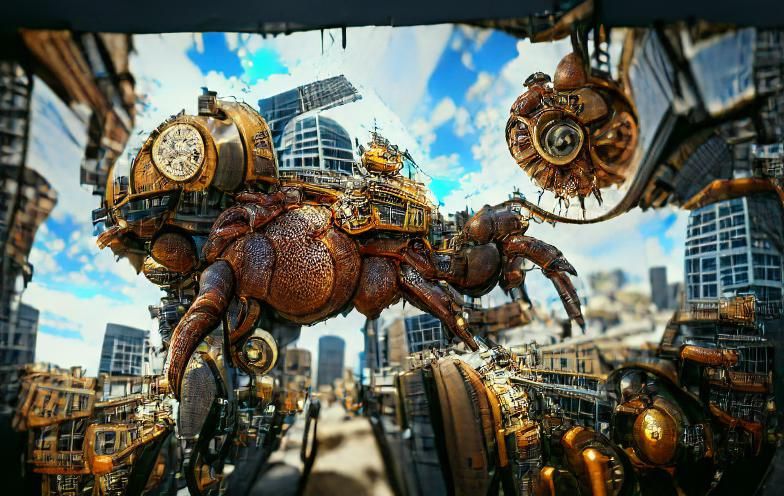 Steampunk Mechacrab smashing a city.
