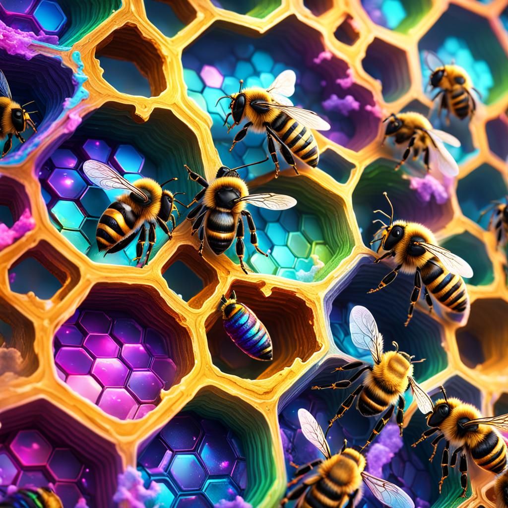 Rainbow galaxy bees in their honeycomb - AI Generated Artwork ...