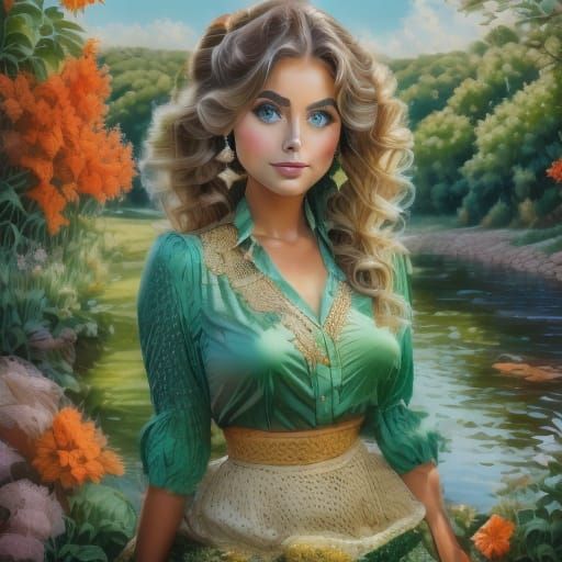 Woman Walking Among Grapevines in Idyllic Claude Monet Style...