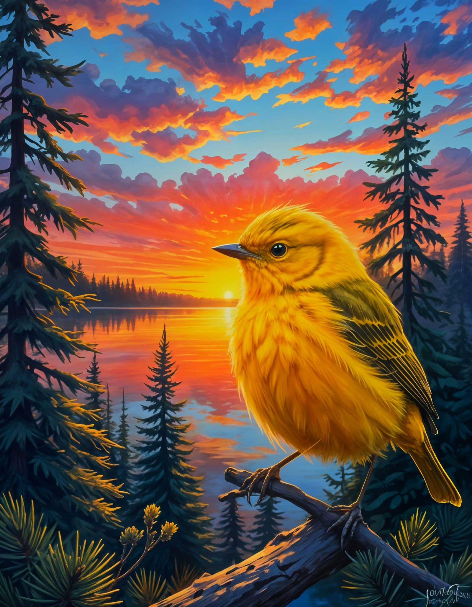 Closeup, a cute fluffy yellow warbler welcomes the new morning, a mesmerizing colorful Sunrise upon a ...  by @Tolino