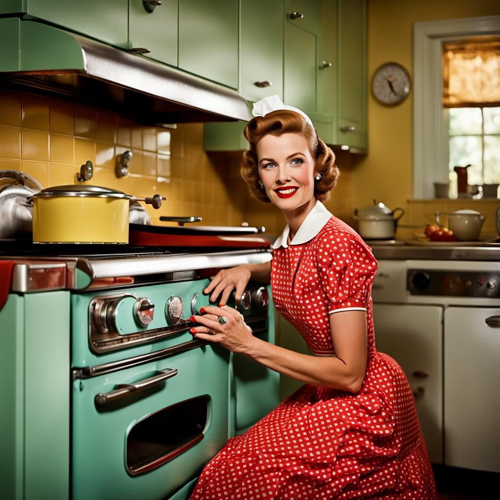 1950's housewife in a 1950's themed kitchen. She is laying i...