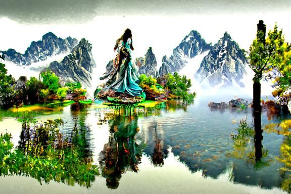 A Chinese Goddess Spirit mountains lake realistic