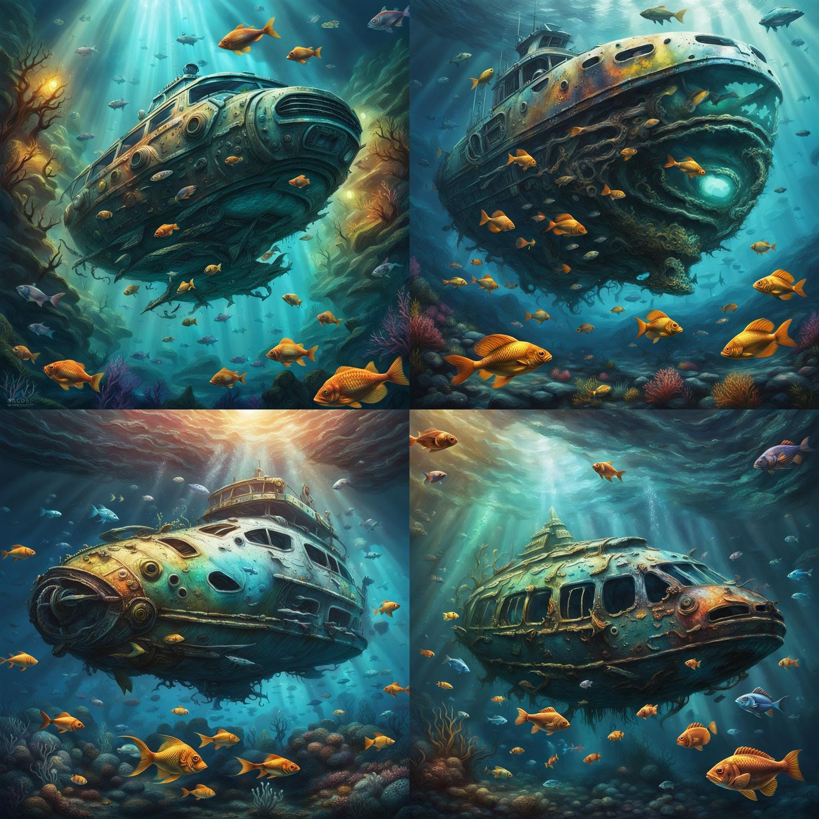 Underwater wreck of a ufo, fish swimming around, gloomy, - AI Generated ...