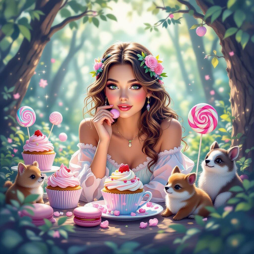 un charmant lapin vêtu d’une robe céleste et d’un chapeau sur une bûche moussue, tenant une pomme lumineuse. La scène mêle des éléments ench...