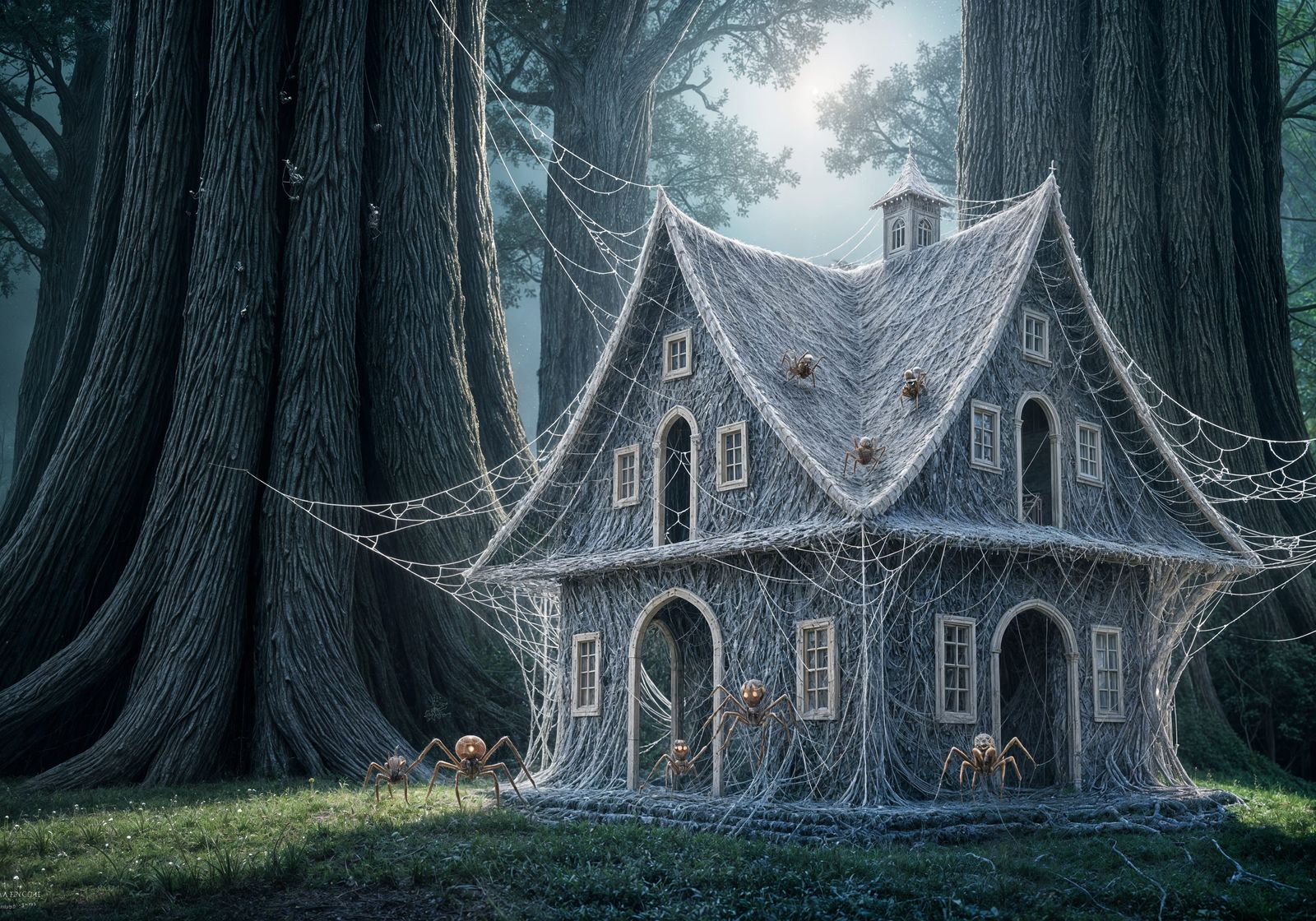 A close up picture of magnificent house constructed entirely from intricate, glistening spiderwebs, suspended ...  by @Author JW Kiefer