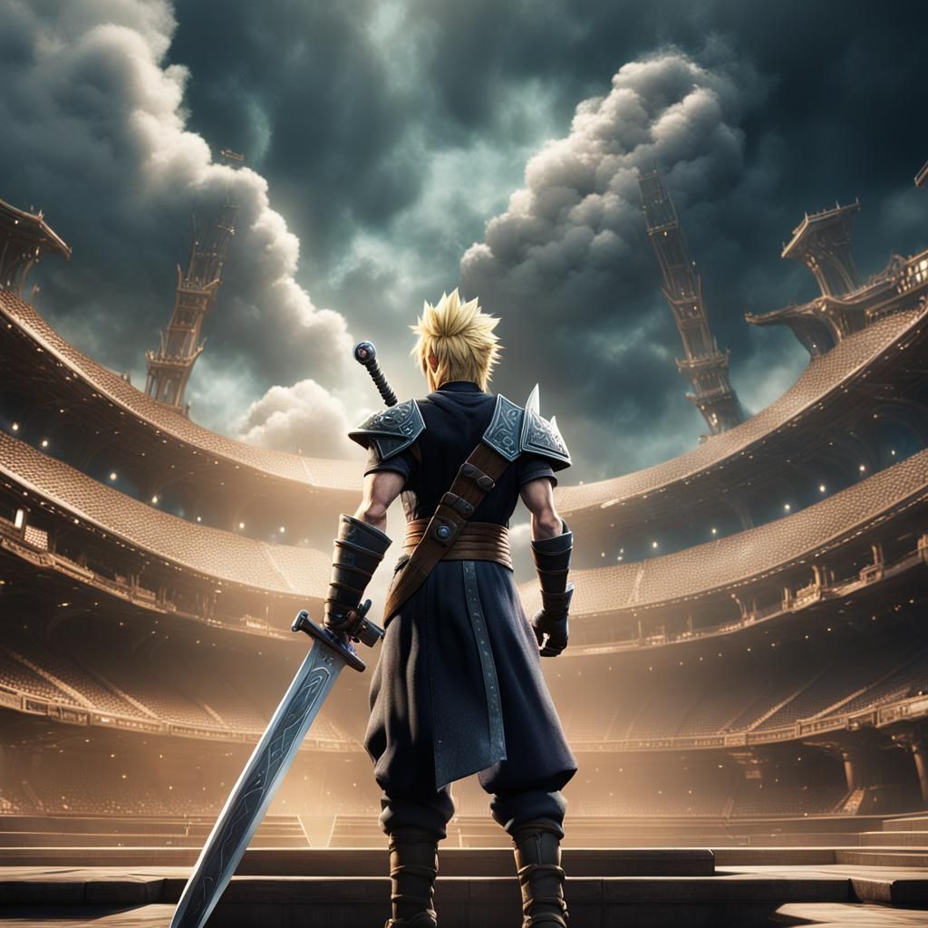 Cloud strife holding up 3 fingers in an arena