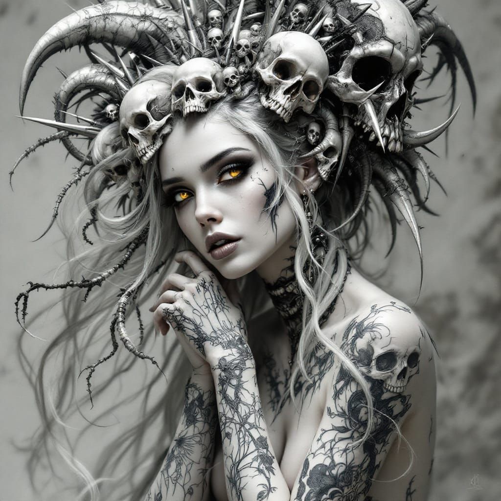 A superfine watercolor of a striking, gothic fantasy character—a woman with ethereal beauty and an air ...  by @James Silvers